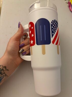Patriotic White Insulated Travel Tumbler with Handle - Popsicle Design